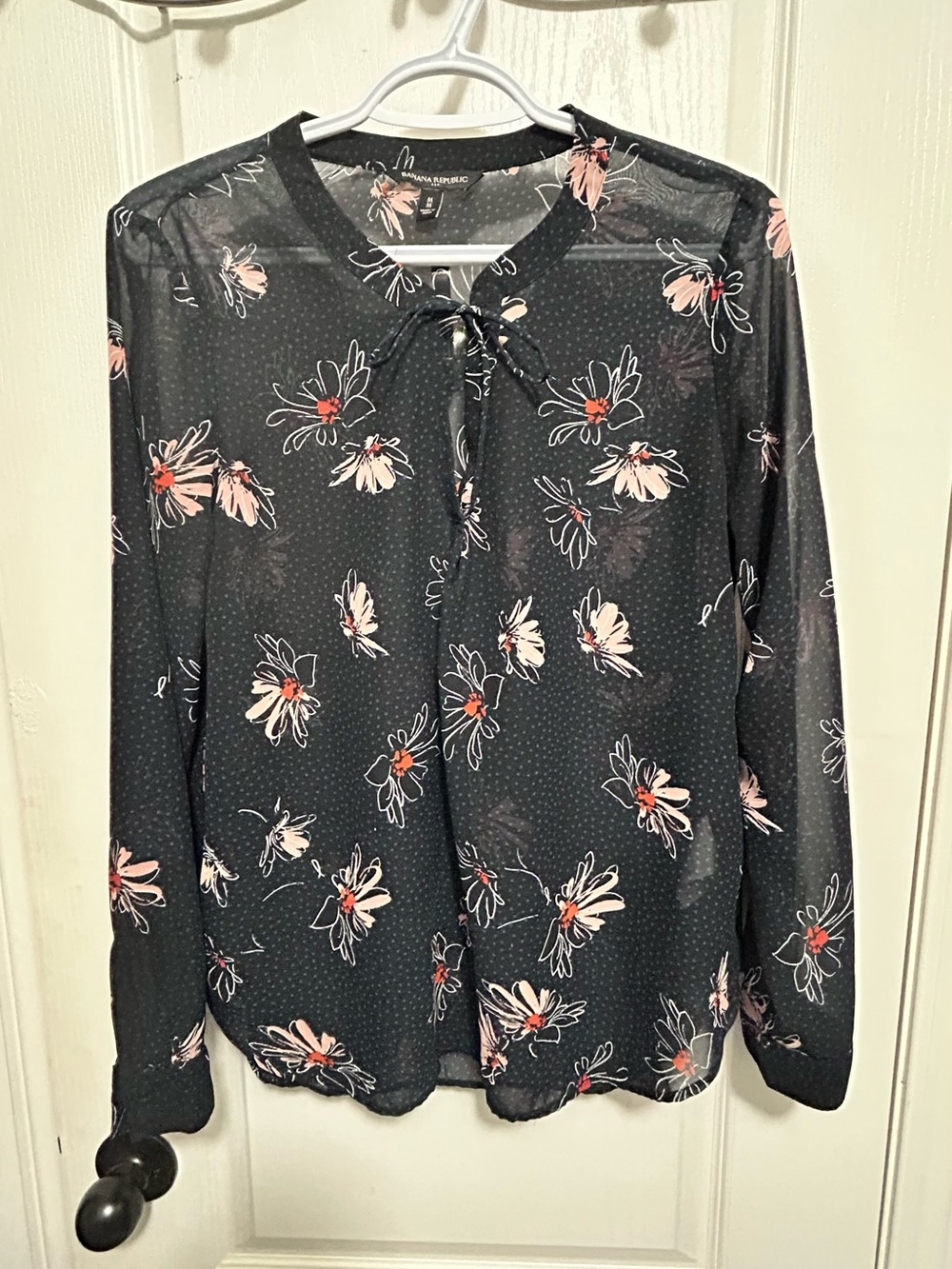 Banana Republic Black Sheer Floral Tie-Neck Blouse with Pink Accents